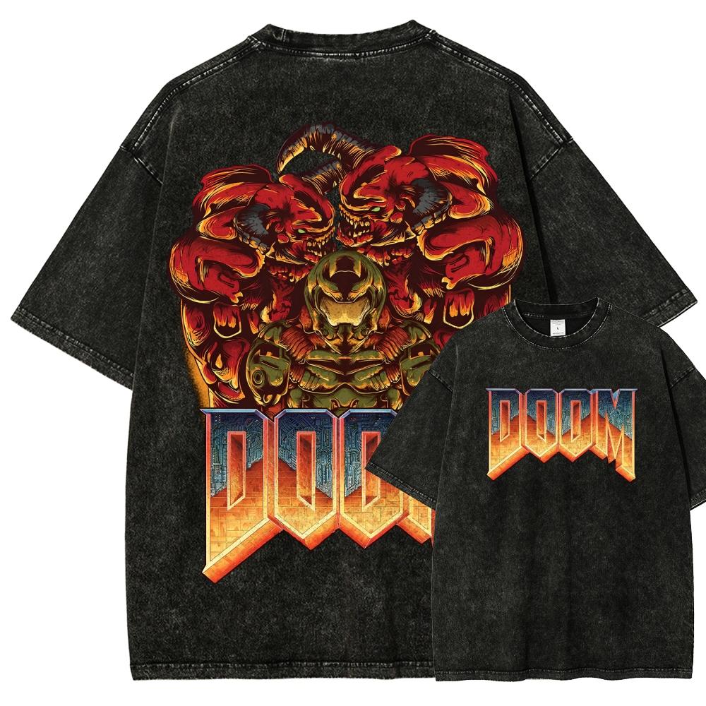 T-shirt Grafica Stile Retrò Gioco FPS Classico DOOM Uomo Donna Cotone Lavato Vintage Morbido Casual Oversize Top Estivo Nuova Maglietta