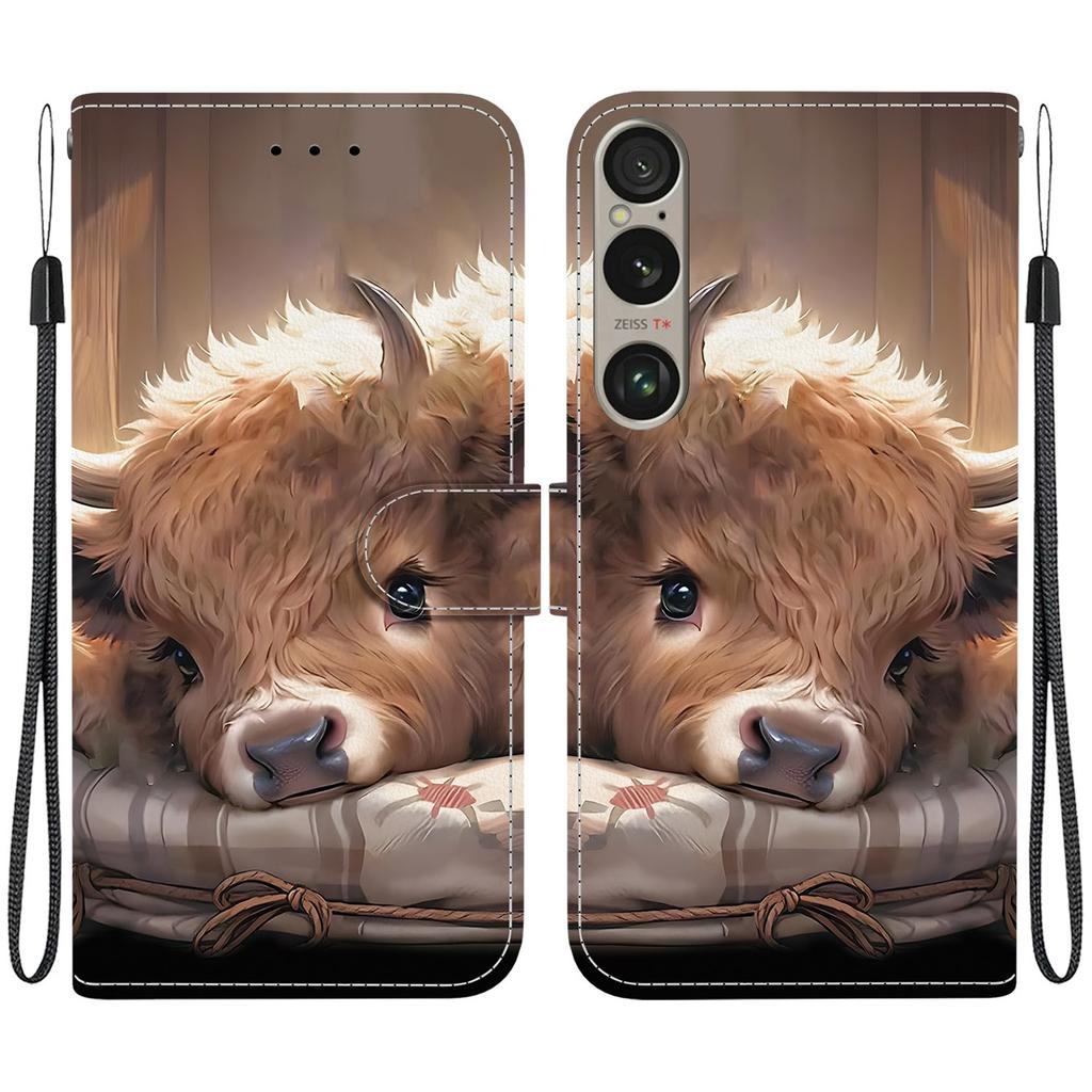 Handmade PU Leather Flip Case for Sony Xperia 1 VI Anti-Slip Shockproof Cover with Wrist Strap & Heart/Rose Cat Designs