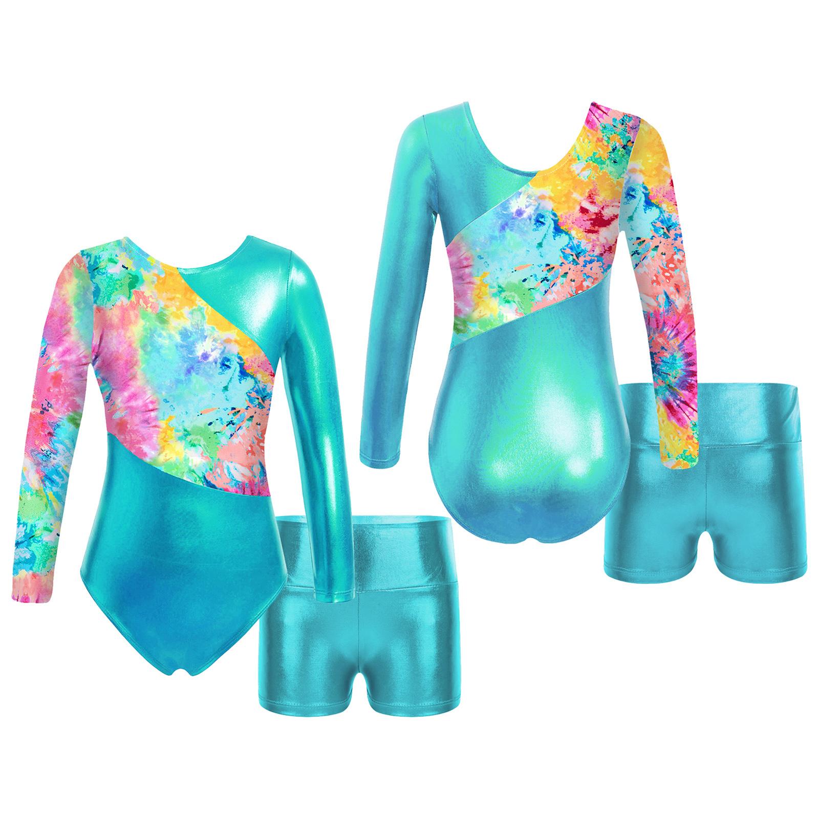 

Дитячі комплекти танцювального одягу для дівчаток з 2 предметів, цільні спортивні шорти з трико з довгим рукавом для гімнастики 7-8 Years морська хвиля