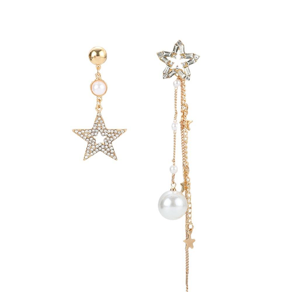 Cercei Asimetrici Stea Zircon Super Sclipitori, Cercei Lungi cu Ciucuri Temperamentali, Cercei Stud Coreeni Cristal Perlă.