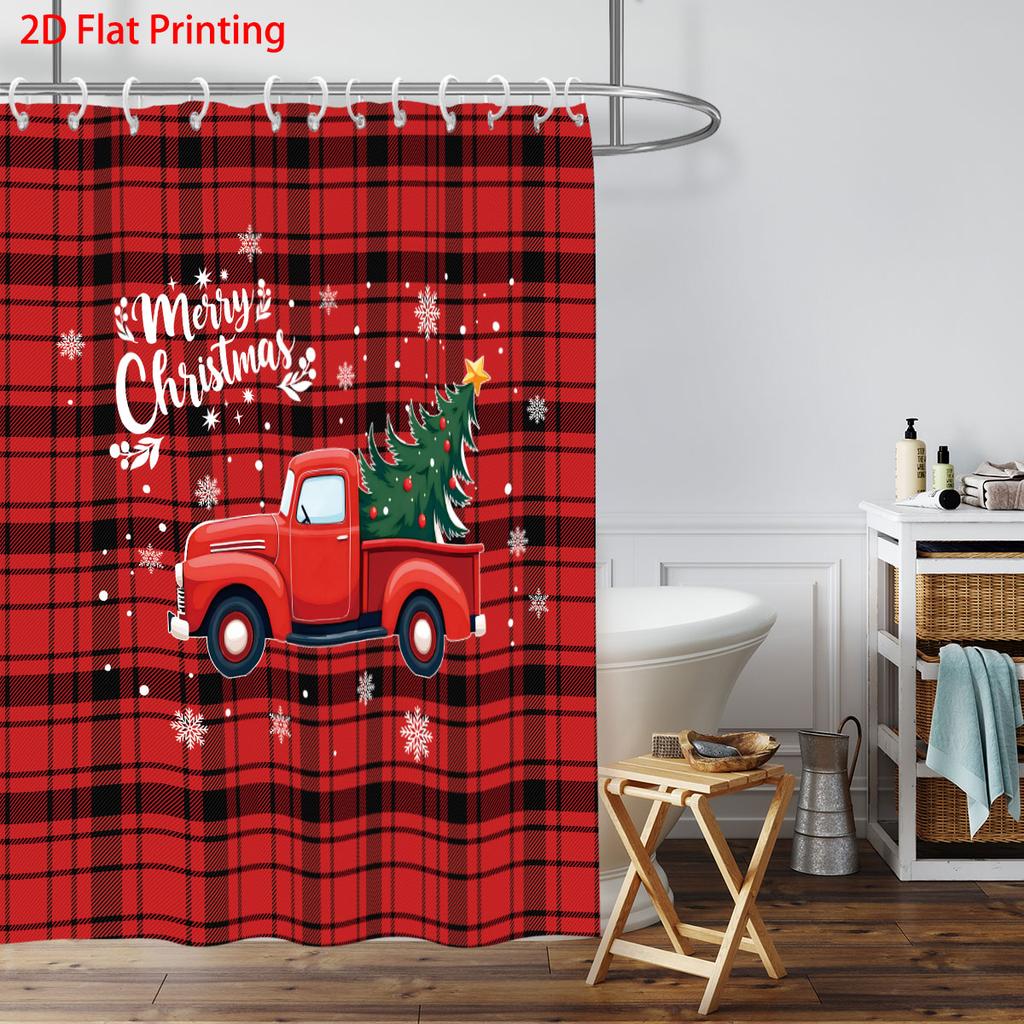 1Pc Red Checkered Truck Print Waterproof Shower Curtain Multiple Size Privacy Hanging Curtain And 12 Hooks For Easy Installation