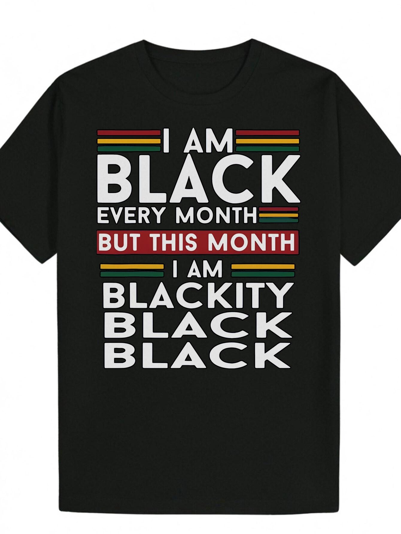 Casual Crew Neck Polyester T-shirt with Bold I AM BLACK Letter Print - Summer Short Sleeve L