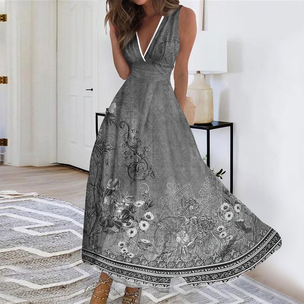 Women's Summer Fashion Retro Floral Print V-Neck Sleeveless Waistless Casual Dresses