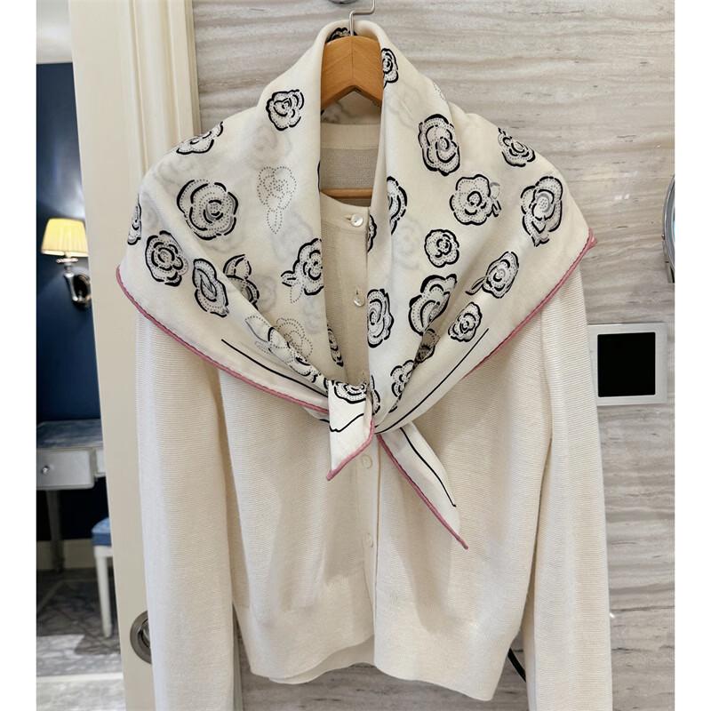 NINA SOLOR Camellia Print Silk-Wool Square Scarf