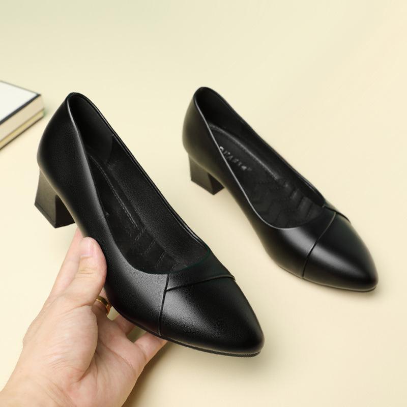 Soft Leather Shoes Spring and Autumn Style Thick Heel Single Shoes Comfortable Medium Heel Shallow Mouth Professional Light Women's Shoes