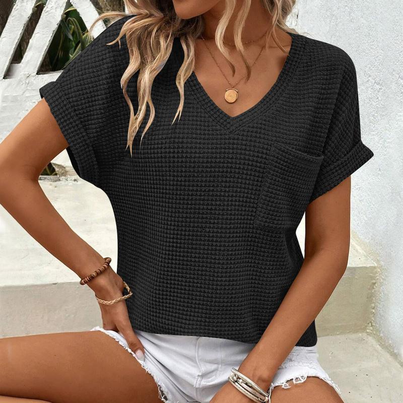 2026 Women's V-neck Summer Waffle Pocket Short Sleeve T-shirt