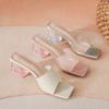 Fashion New Designer Pink Transparent Slippers Women High Heels Slides Shoes Perspex Thick Heeled Sandalias Mujer Crystal Flip Flops