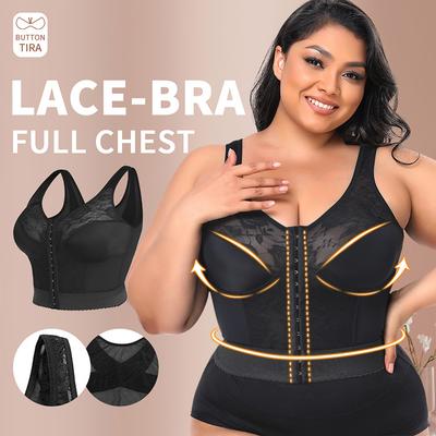 Lace Front Closure Full Cup Bra, Wirefree Thin Longline Shaping Bralette