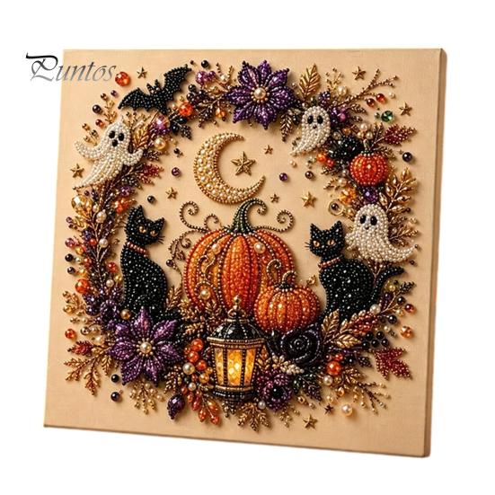 Festliche Kunst mit Kunstperlen für die Heimdekoration 2 Stück Halloween-Kunst, Geist Kürbis Hexe Krähe Malerei DIY Entspannendes Bastelset, 3D Schädel Basteln