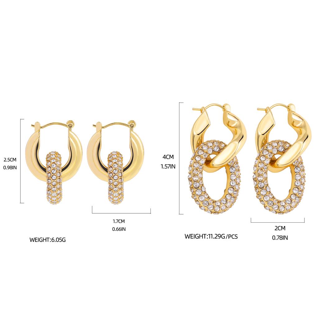 Classic Gold Plated Twisted Huggies Earrings with Full CZ Zirconia Geometric Oval Circle Charms Drop Dangle Earring Punk Jewelry