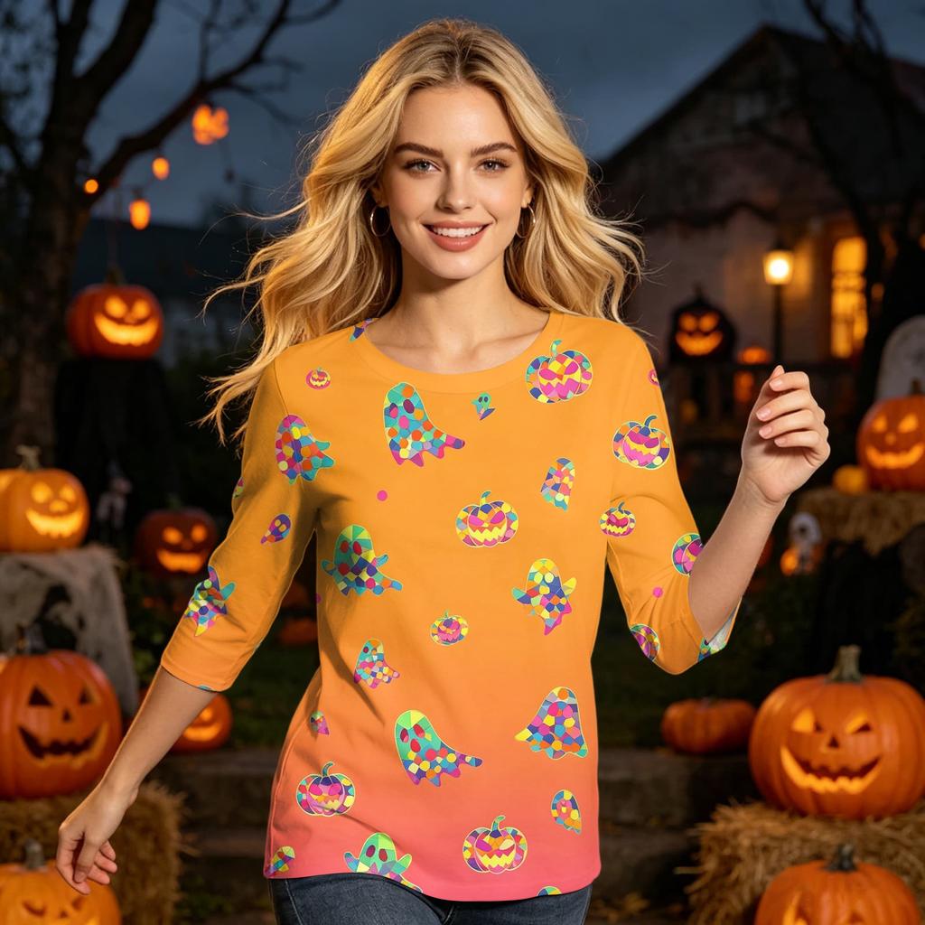 Womens Casual Halloween Print Round Neck Top Three Quarter Sleeve Lightweight Blouse for Seasonal Wear