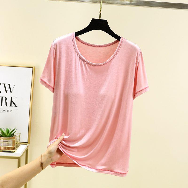 

Модальная футболка с круглым вырезом, нагрудными подушечками и короткими рукавами, женская летняя тонкая верхняя одежда, повседневные топы, однотонная, большого размера, свободная базовая футболка Pink 2XL (70.00 kg-82.50 kg recommended