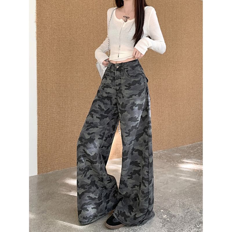American Retro Camouflage Pants Denim Loose Pants Female Summer High Waist Loose Niche Style Casual Mopping Pants Straight-Leg Pants
