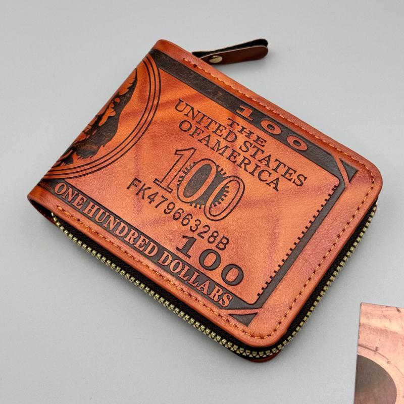 Men’s Short Zipper Wallet PU Leather Dollar Pattern Embossed Bifold Wallet Coin Pocket Card Holder Small Wallet