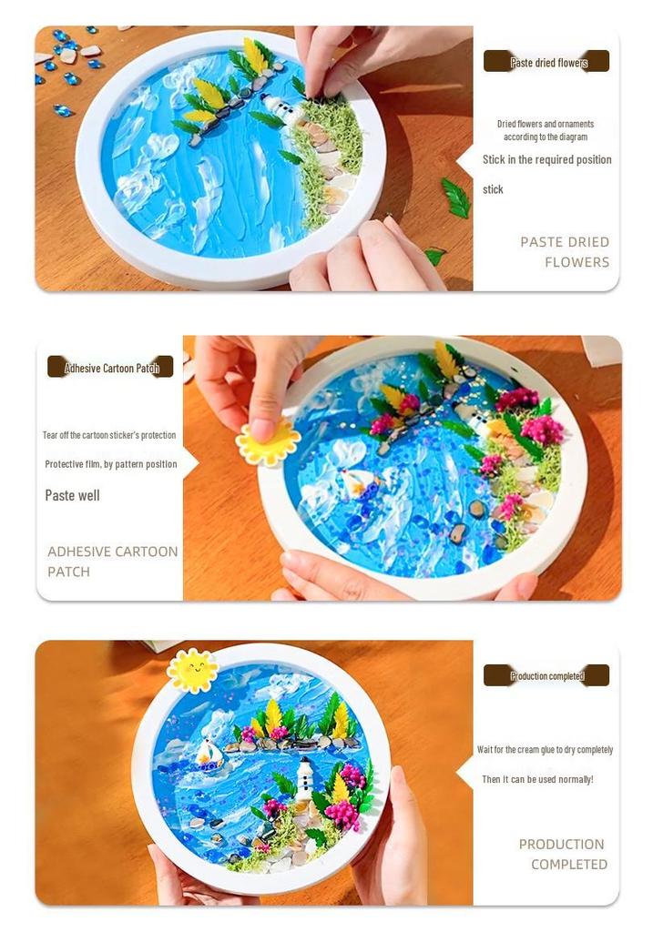 DIY Craft Kit: Textured Painting with Clay, Cream Glue, Round Plate & Photo Frame for Kids' Creative Gifts