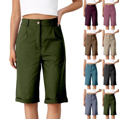Lässige, einfarbige, modische Shorts aus Baumwolle und Leinen mit geradem Bein für Damen