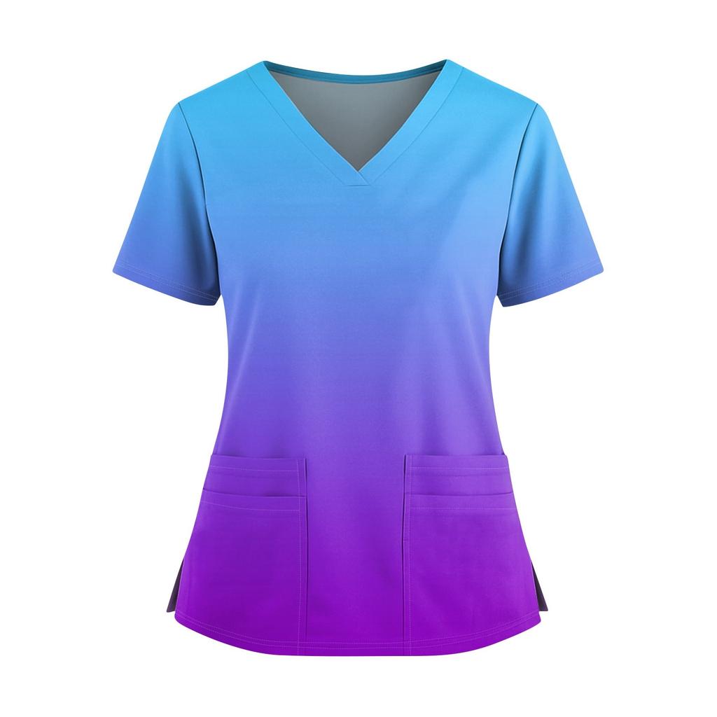 Women's Fashionable Printed V Neck Double Pocket Short Sleeved Shirt With Slit Hem Uniform And Worker Top