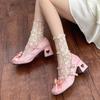 Pink Mary Jane Shoes Women 2024 Summer Japanese Style Girls Low Heel Lolita Shoes Woman Silk Bowtie Ankle Straps Party Shoes