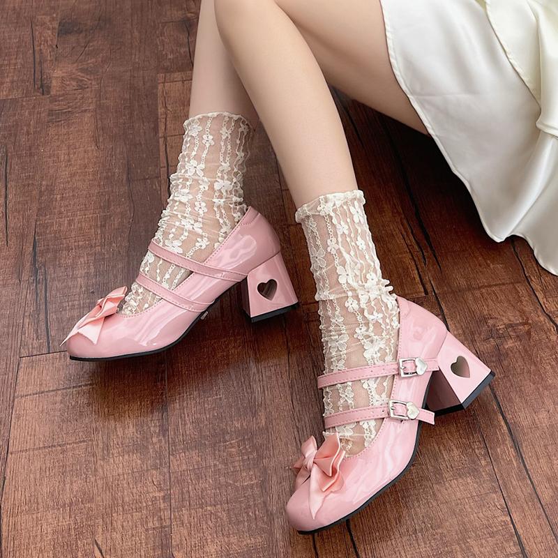 Pink Mary Jane Shoes Women 2024 Summer Japanese Style Girls Low Heel Lolita Shoes Woman Silk Bowtie Ankle Straps Party Shoes