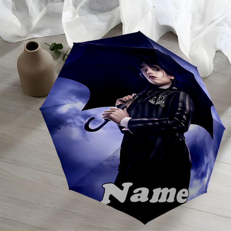 Custom Name Wednesday Theme Automatic Umbrella, Lightweight & Portable, 8 Rib, Perfect for Outdoor Travel, Birthdays, Christmas, Gifts.