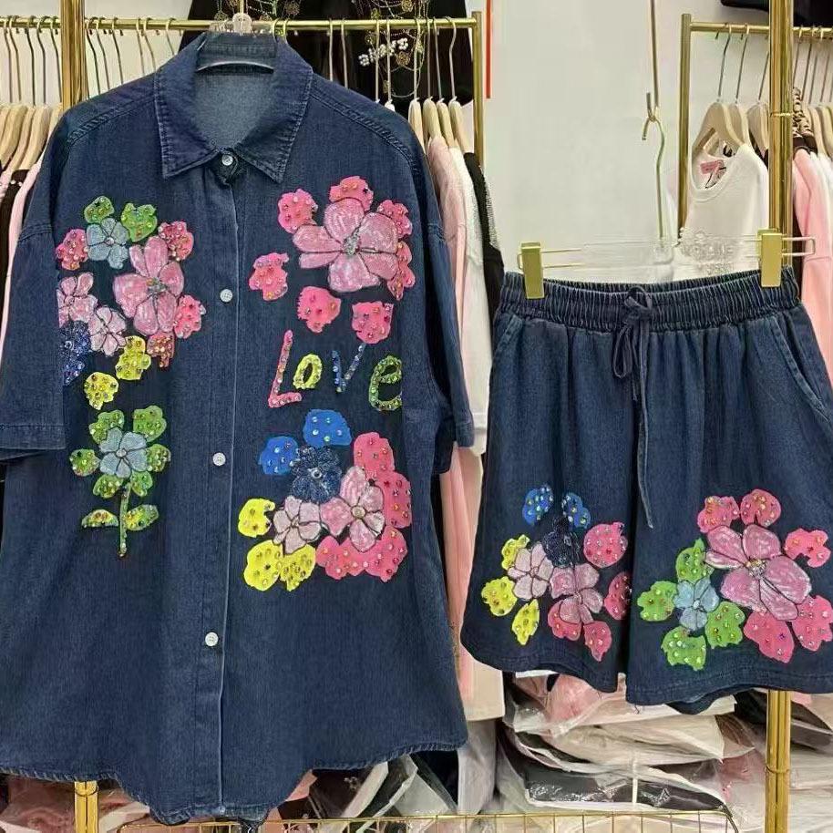 Stilvolles Damen-Zweiteiler-Denim-Set - Strickjacke & Shorts, Europäisch inspirierter lockerer Schnitt