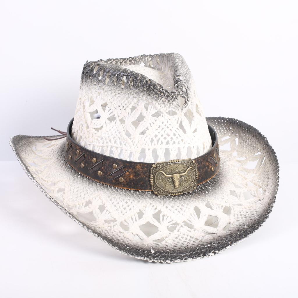 Popular European and American Fashion Hollow Woven Hat Straw Hat Men's and Women's Classic Outdoor Western Denim Straw Hat