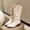 Women Mid-calf Boots Classic Embroidered Western Cowboy Boots Vintage Pointed Thick Heel Leather Boots Fashion Women Knight Boot