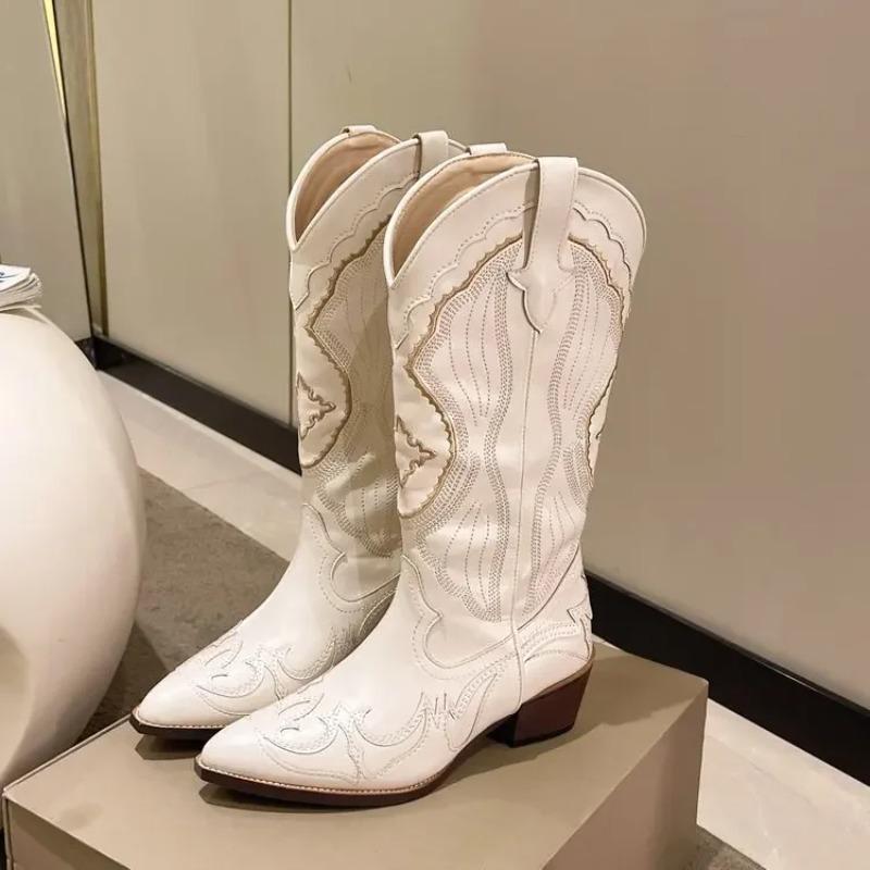 Women Mid-calf Boots Classic Embroidered Western Cowboy Boots Vintage Pointed Thick Heel Leather Boots Fashion Women Knight Boot