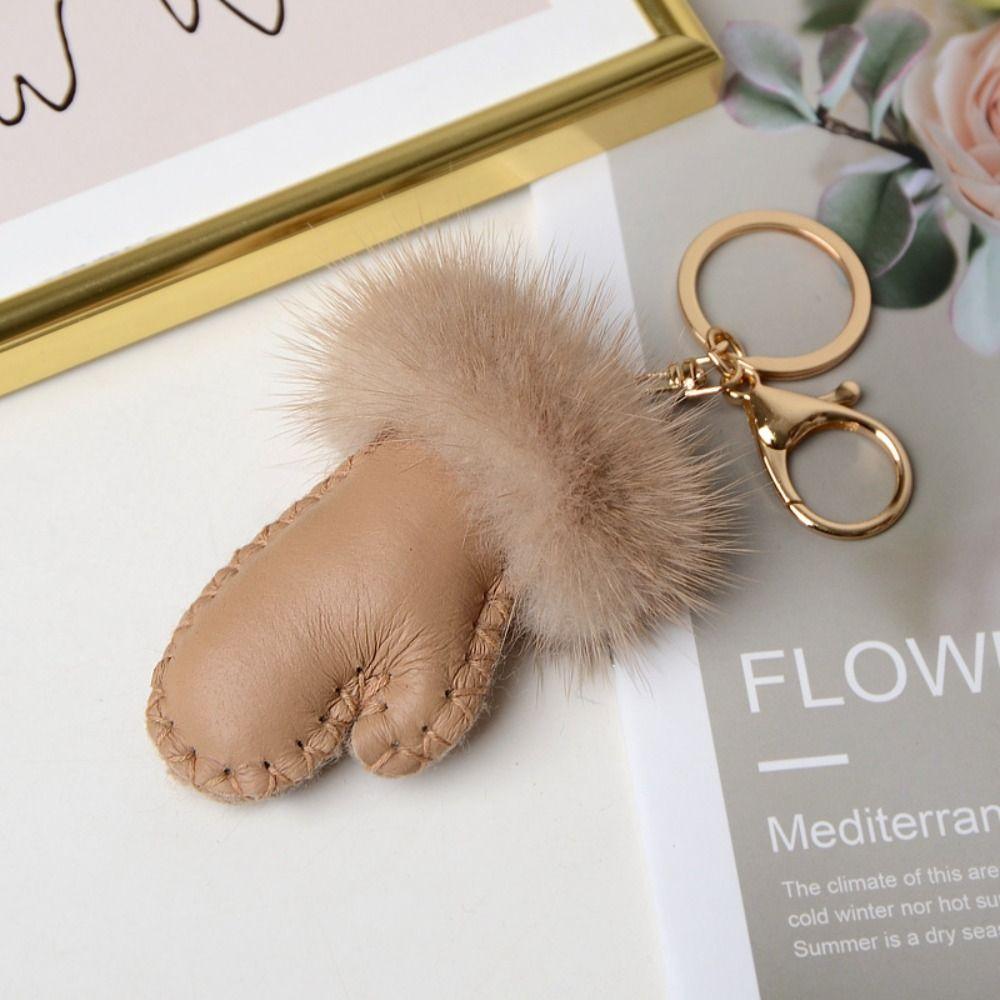 Fluffy Mink Hair Pendant Leather Car Keyring Fashion Little Glove Keychain  Bag Decoration