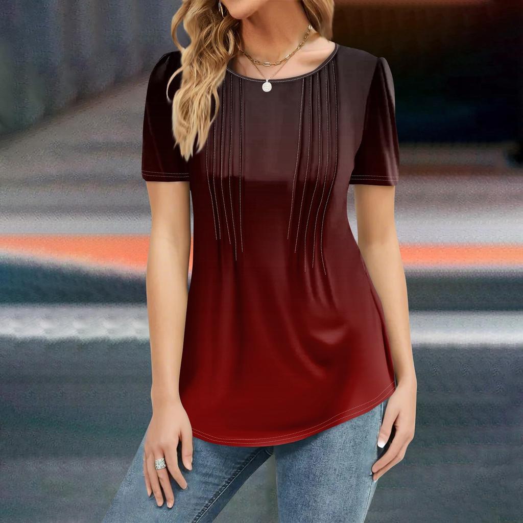 Women's Fashion Casual Gradient Print Top Short Sleeve Shirt Loose Jumper