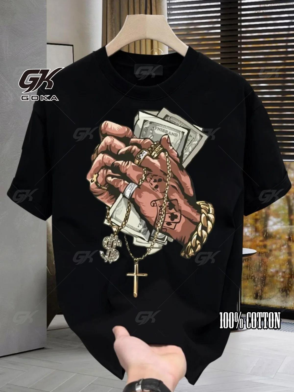 

Taste Fun Print with Banknotes in Hand 100 Cotton Trendy Brand Crew Neck Short Sleeve Loose Large Size and Versatile Tshirt 4XL