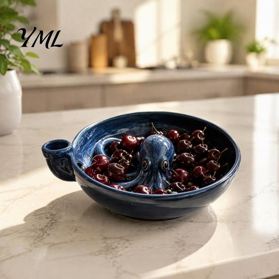 Delicate Food Drainer Self Spinning Ceramic Berry Washing Bowl, Octopus Shape 360 Degree Vortex Herb Container Cleaning Colander, Integrated
