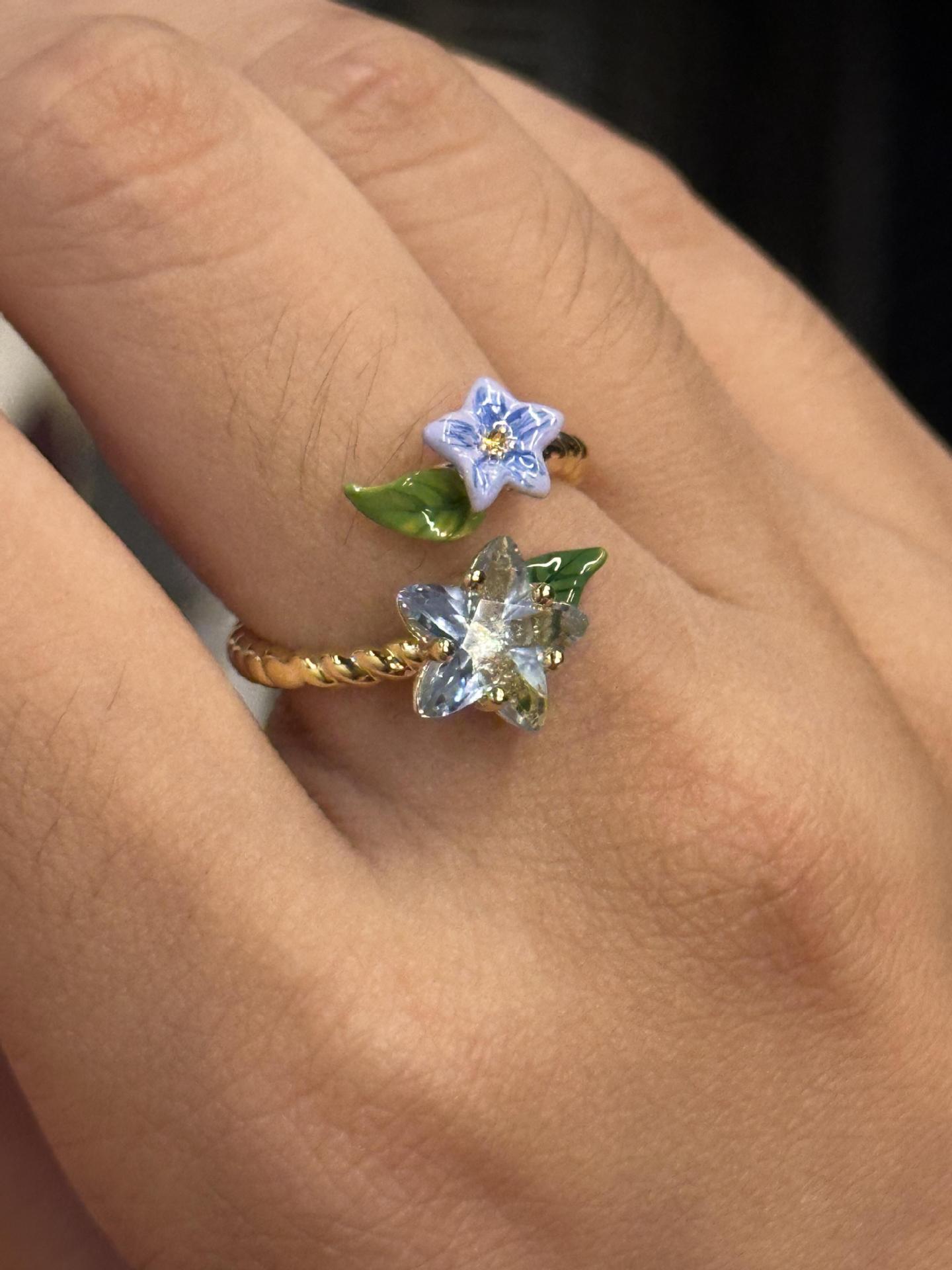 

French-Style Enamel Vintage Blue Jasmine Flower Star Gemstone Adjustable Open Ring for Women, New Trendy Product United States
