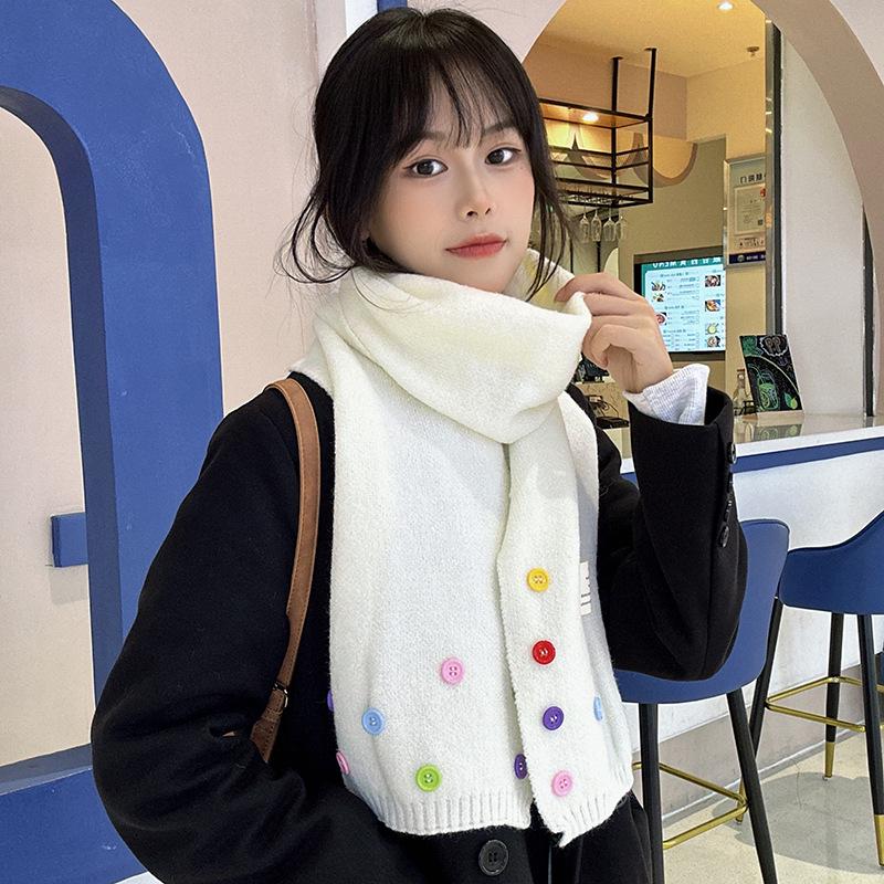 Luochi Knitting~Cute Button Korean Style Wool Scarf – Versatile, Thickened Neck Warmer, Solid Color, Sweet Winter Accessory.