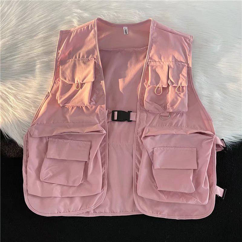 

Japanese Trend Functional Tactical Multi-Pocket Vest with DIY Logo Sleeveless Design for Workwear In Spring/Autumn M розовый