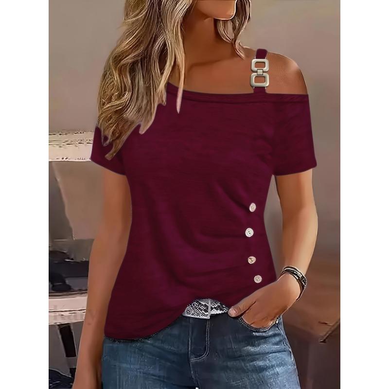 New Summer Women's Simple Short-sleeved Metal Button Pleated T-shirt Top