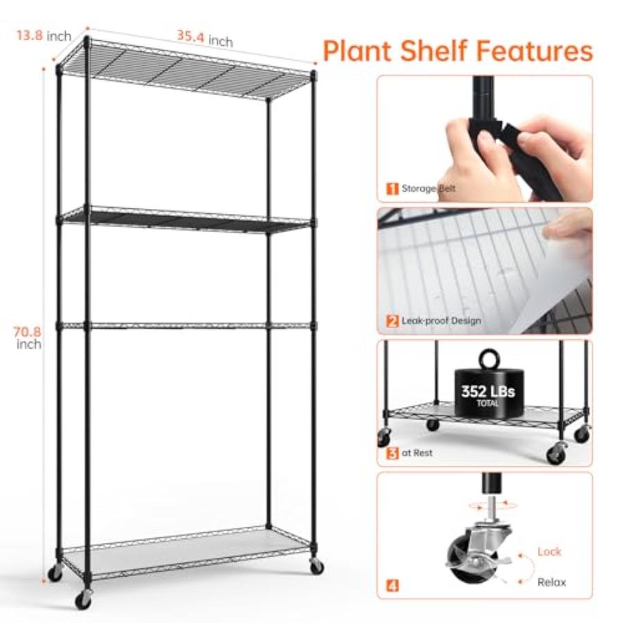 Tall Plant Shelf with 6 Pack 90W Full Spectrum Grow Lights for Indoor Plants Seed Starting Seed Tray 35.4 L x 13.8 W x 70.8 H B