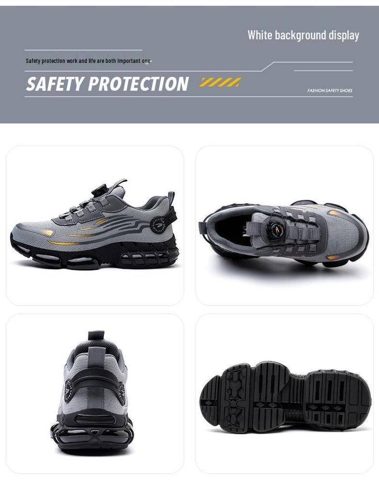 Men's Fly-Knit Safety Shoes: Anti-Smash, Anti-Puncture, Breathable, Lightweight, Comfortable, Wear-Resistant with Soft Sole and Button Closure.
