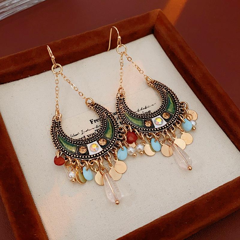 

Богемные серьги-кисточки с полумесяцем из смолы и бриллиантов - Ретро этнический стиль для женщин