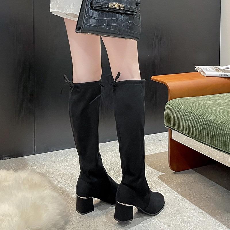 Damen Überweite Schwarze Stretchstiefel, Wildleder Klobiger Absatz Kniehohe Stiefel, Europäischer Streetstyle Stiefeletten für Damen