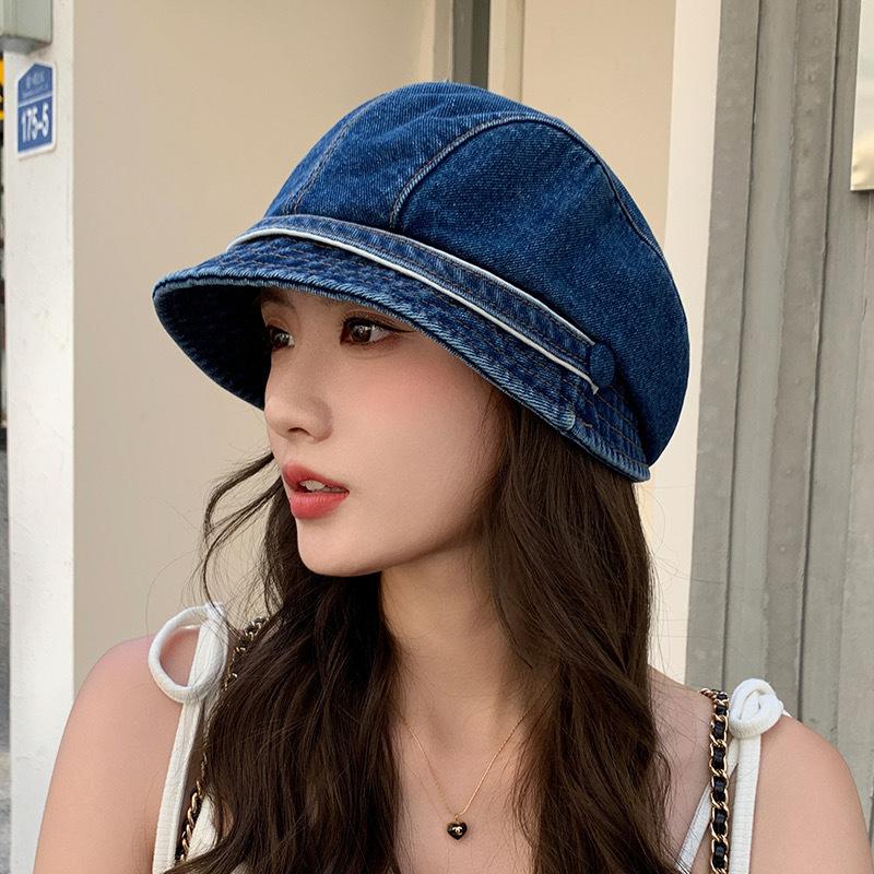 

Ретро джинсовая панама женская показывает маленькое лицо большой обхват головы короткие поля кепка весна и осень высококачественная шляпа осень и зима M（56-58cm） темно-синий