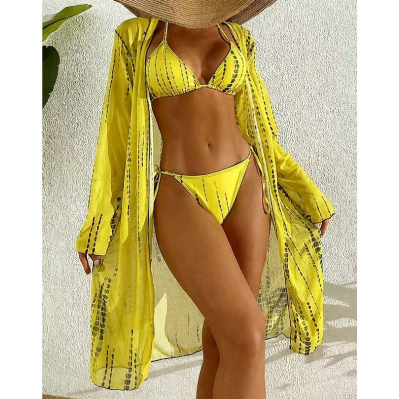 Women's Black White Tie Dye Triangle Bikini Set Tie Side High Cut Swimwear