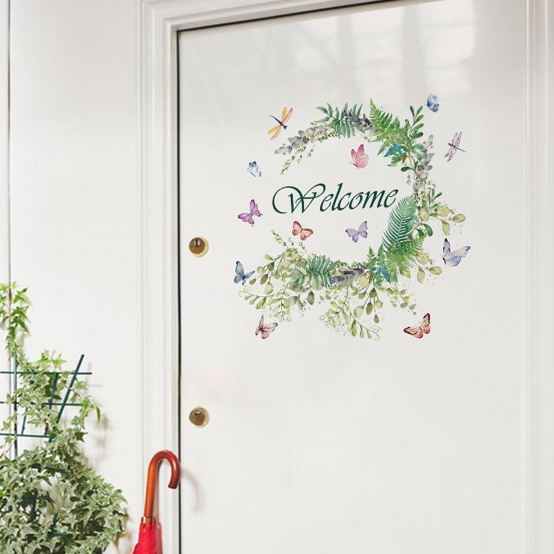 Welcome Door Sticker Green Leaf Butterfly Decal Removable Welcome for Entryway Decor Letters Decorations for Home Shop Glass