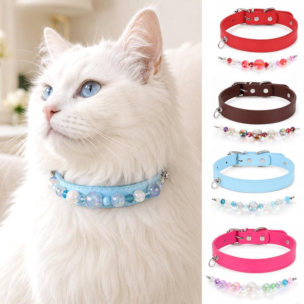 DIY Pearl Pet Collar Adjustable Leather Collar for Cats & Small Dogs Necklace Pet Accessories