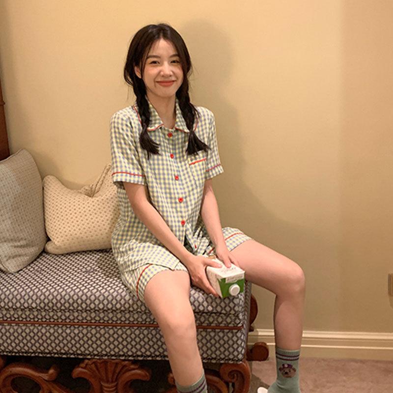 

Женский клетчатый пижамный комплект: Летний кардиган, с коротким рукавом, шорты и длинные брюки для ношения в помещении и на улице Medium