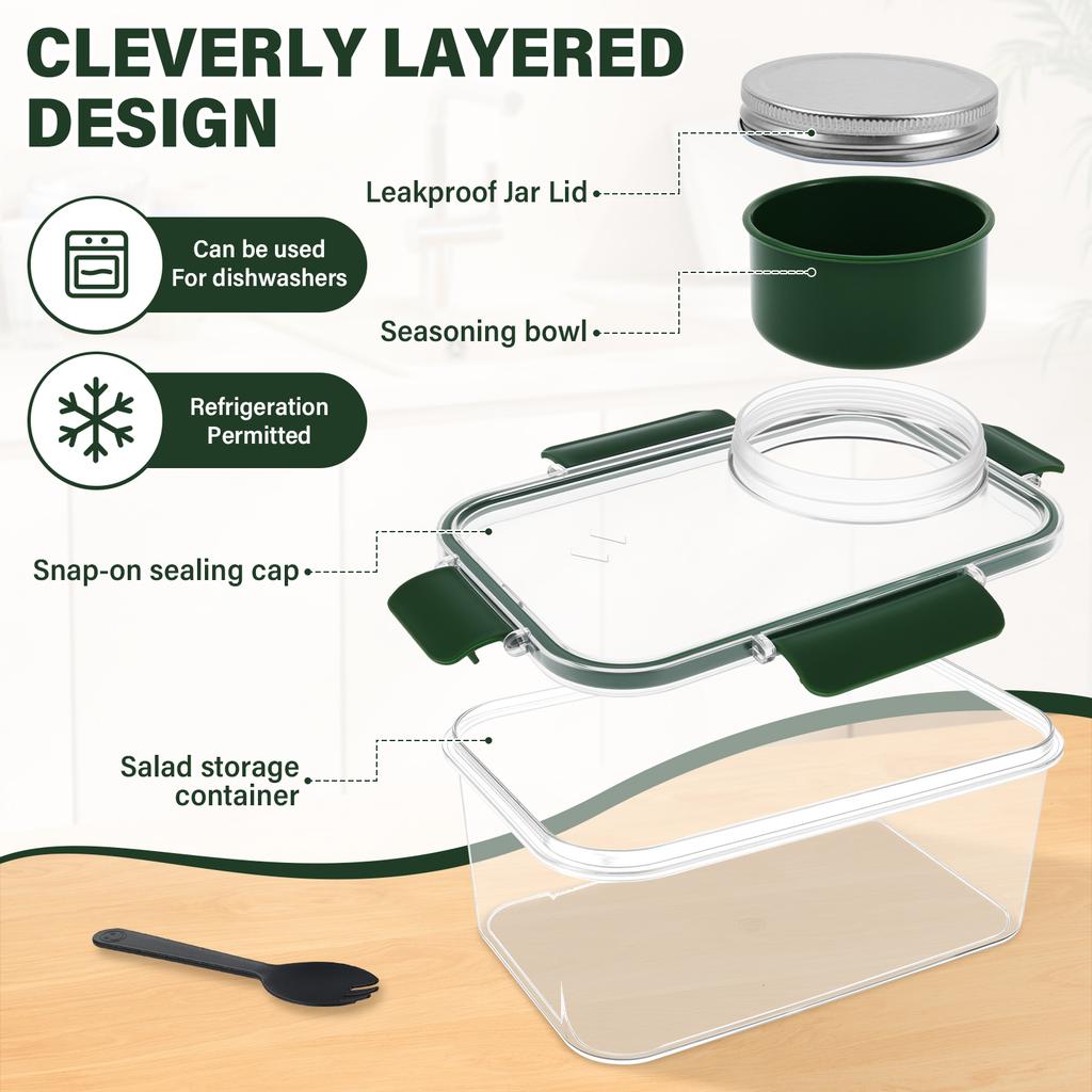 800ml Mason Jar Salad Container Portable Rectangular Salad Pod with 74ml Dressing Cup Leak Proof Lunch Box for Office School