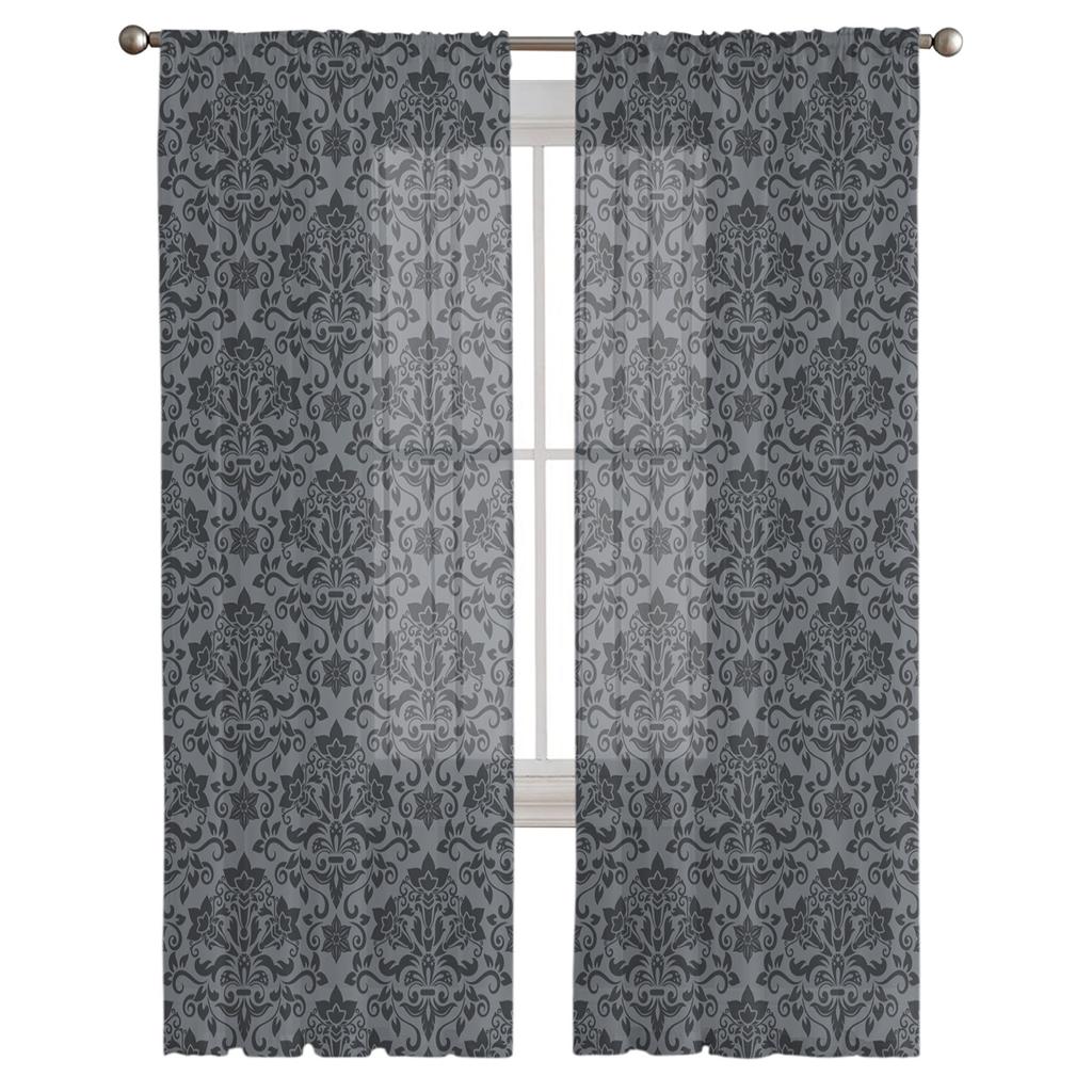Baroque Pattern Decoration Flower Grey Sheer Curtains for Living Room Tulle for Windows Voile Yarn Short Bedroom Curtains