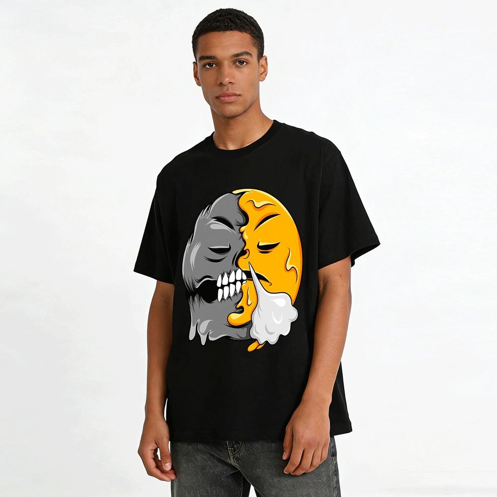 Two Sided Melted Skull Smile Graphic Trendy Short Sleeve Tee Pure Cotton T-shirt