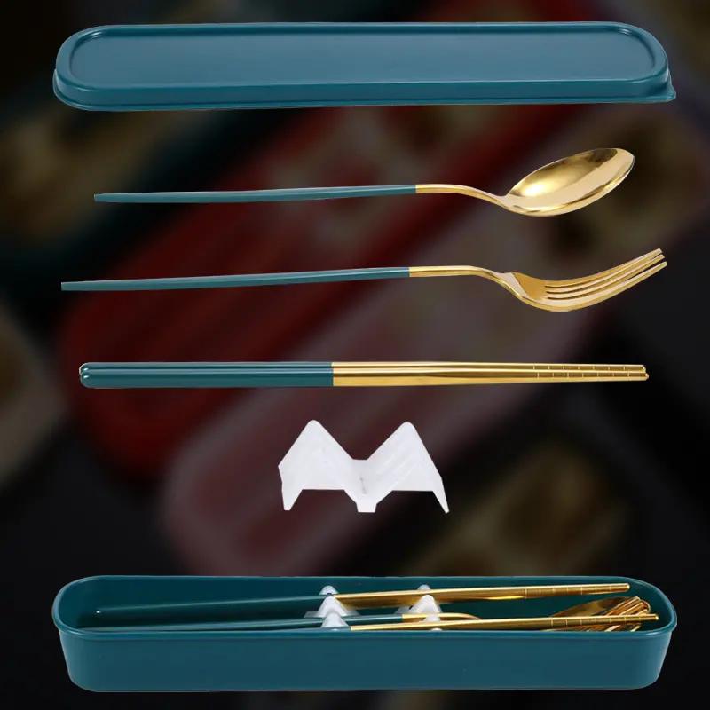 3pcs Thin Portuguese Portable Stainless Steel Cutlery Chopsticks, Forks, Spoons, Student Home Outdoor Picnic Tableware