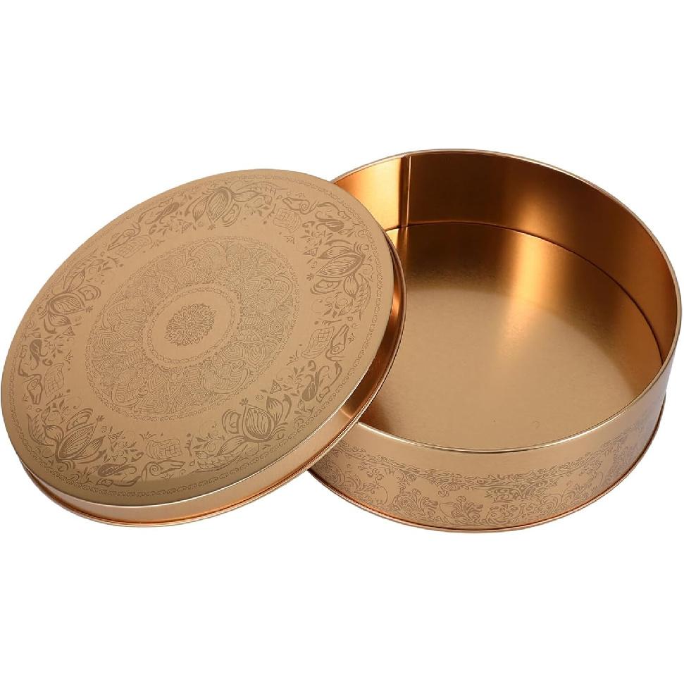 Luxshiny Cookie Tin with Lid Round Golden Cookie Jar Tin Cake Baking Pan Food Storage Container Snack Biscuits Treat Boxes For Keep Cookie Candy